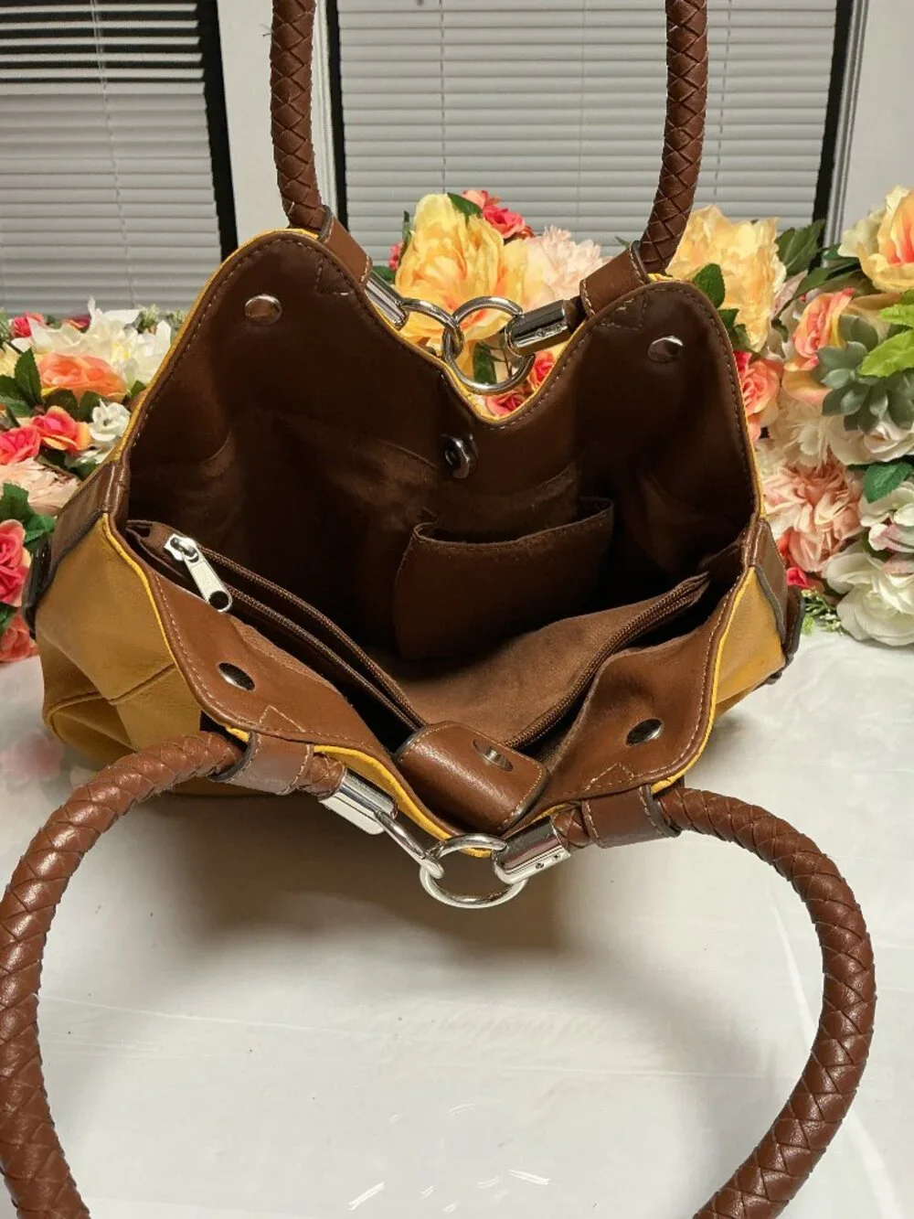 Relic Mustard Yellow Hobo Shoulder Bag Brown Braided Handles Y2K